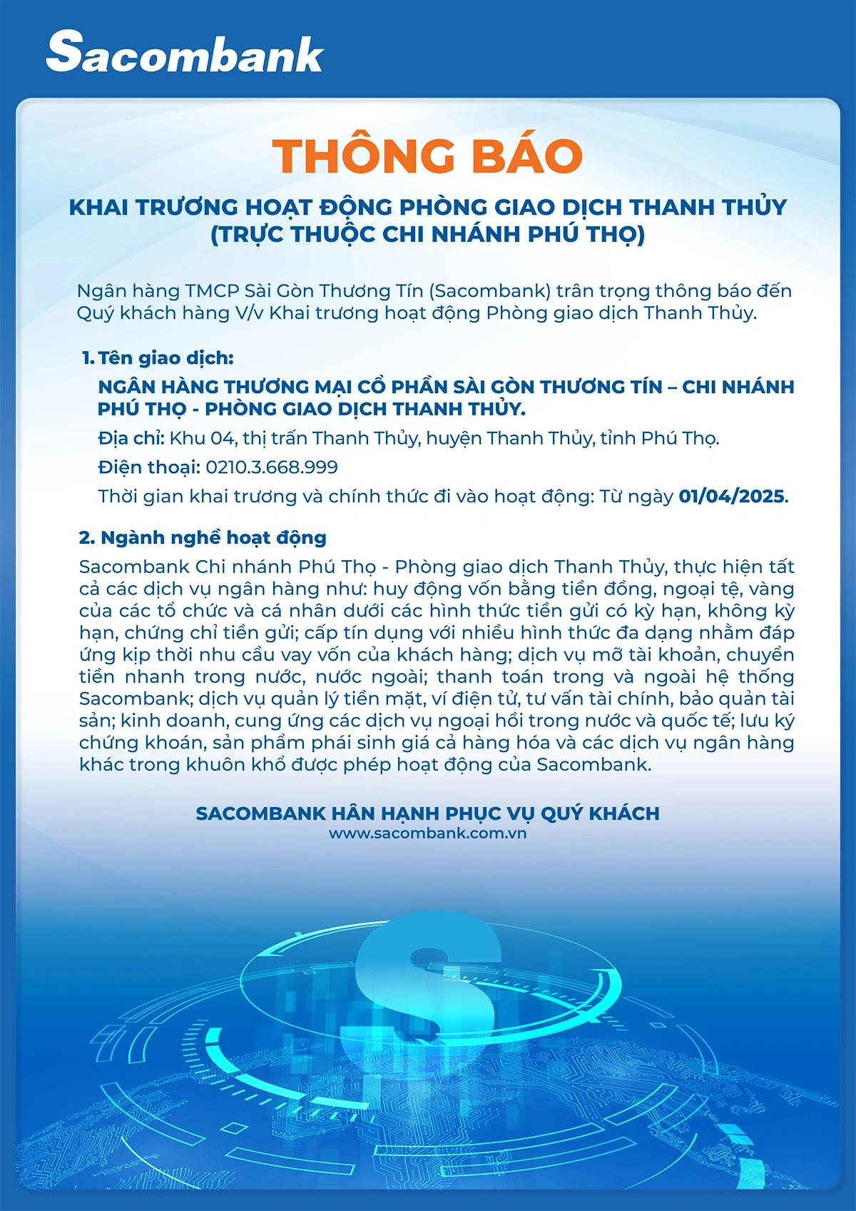 Sacombank khai trương hoạt động phòng giao dịch Thanh Thủy