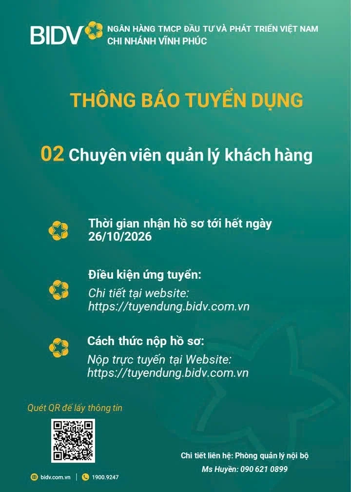 Thông báo tuyển dụng lao động tại Ngân hàng TMCP Đầu tư và Phát triển Việt Nam (BIDV) - Chi nhánh Vĩnh Phúc tháng 10/2026