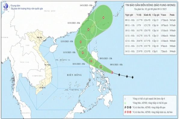 Thời tiết ngày 9/11: Bão Fung-wong di chuyển nhanh và có cường độ rất mạnh