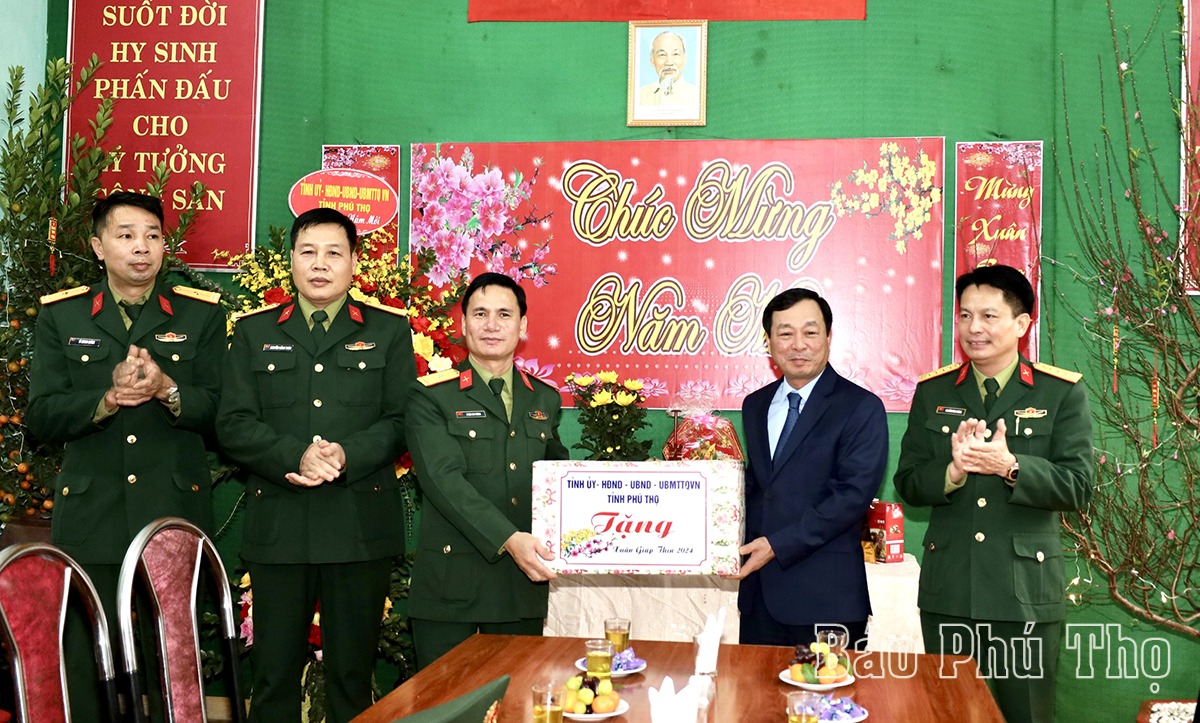 Chairman of the Provincial People’s Committee Bui Van Quang inspects the military force on duty during Tet