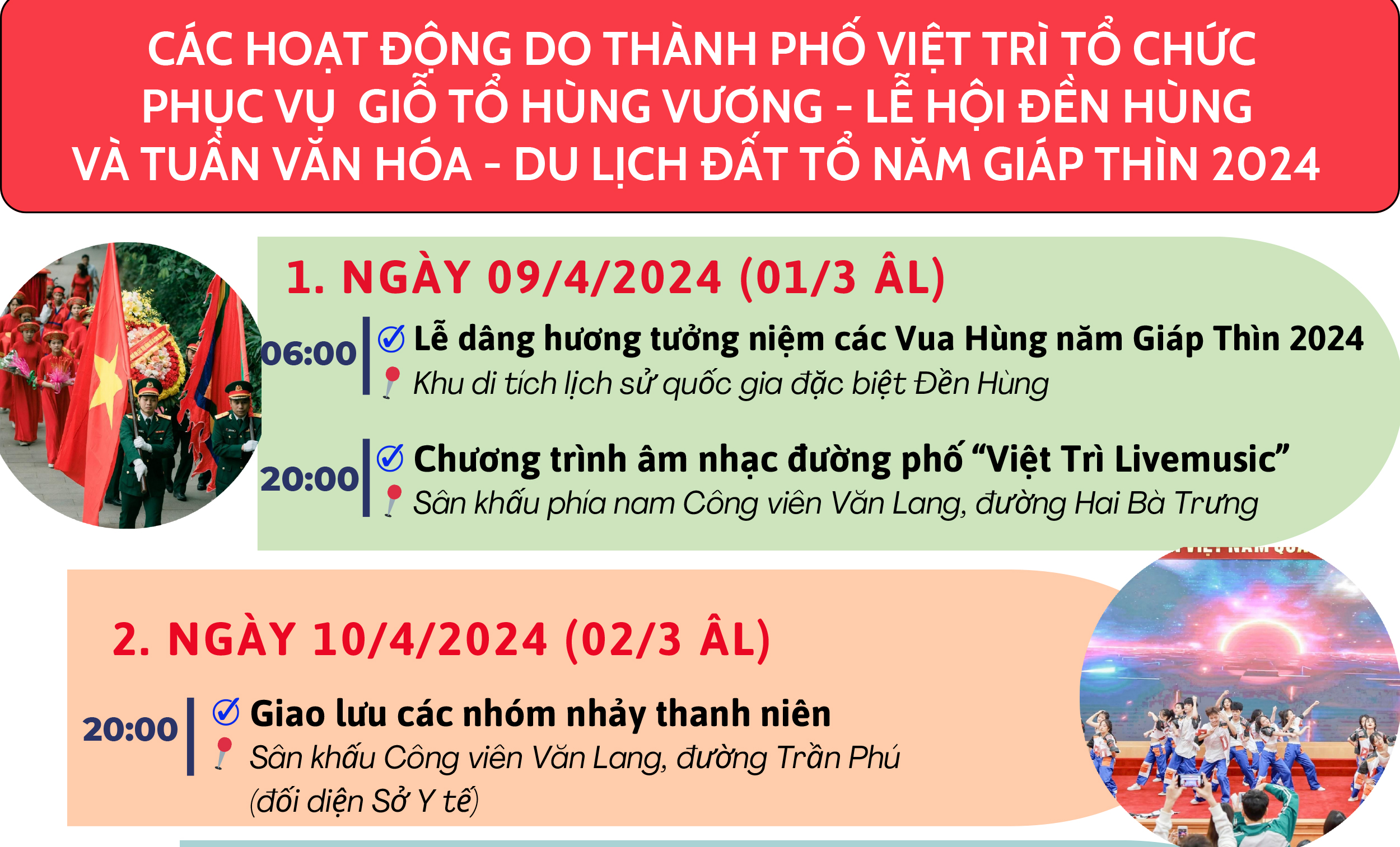 Các hoạt động do thành phố Việt Trì tổ chức phục vụ Giỗ Tổ Hùng Vương - Lễ hội Đền Hùng và Tuần Văn hóa - Du lịch Đất Tổ năm Giáp Thìn 2024