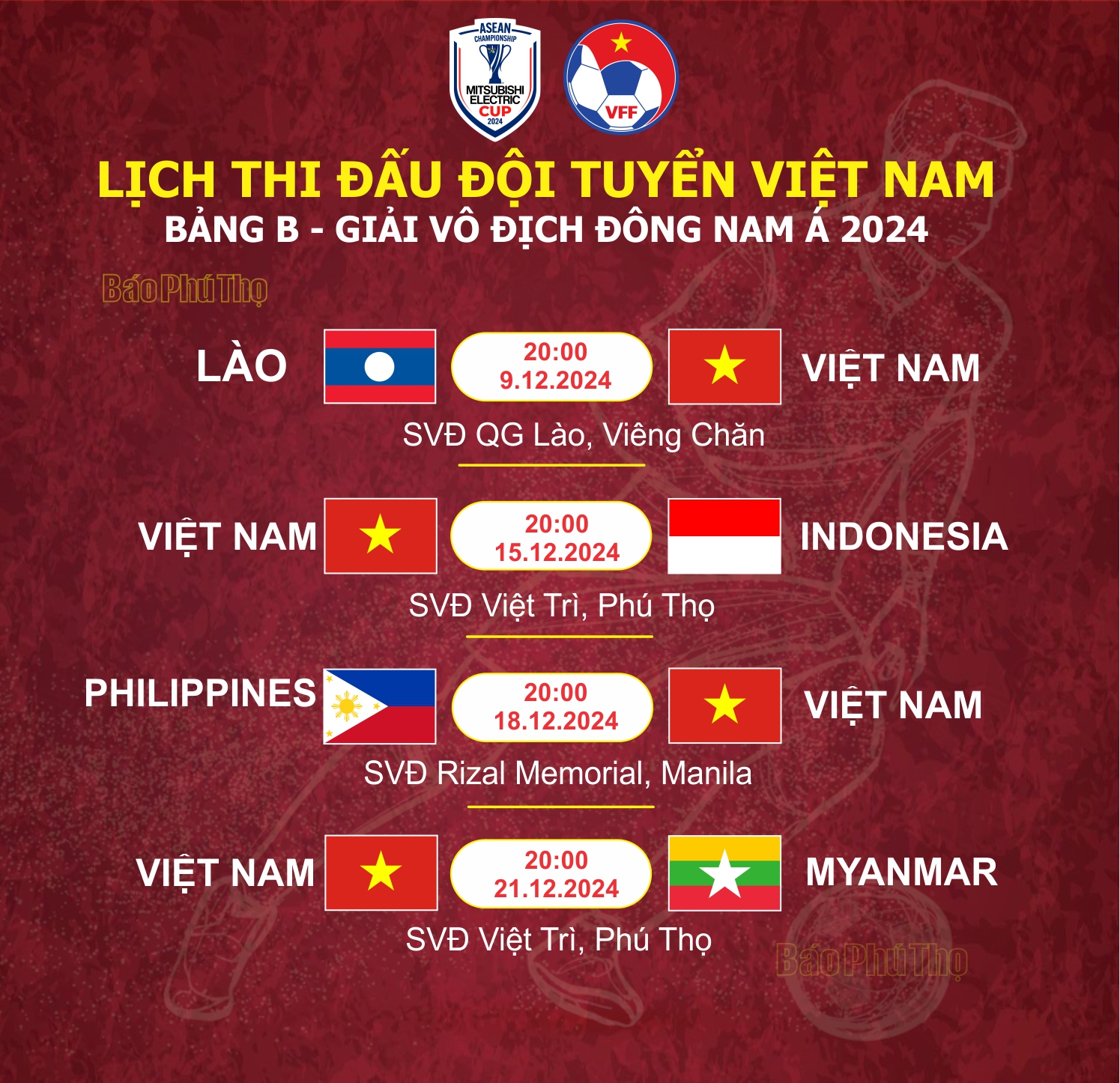 Lịch thi đấu đội tuyển Việt Nam tại bảng B - Giải vô địch Đông Nam Á 2024