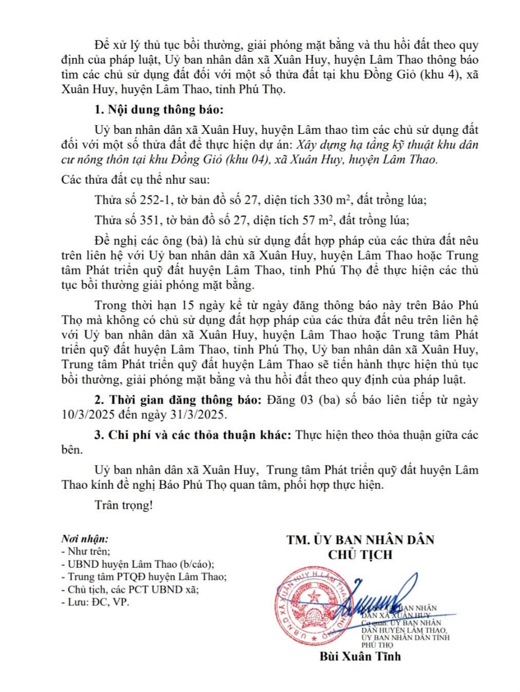 Thông báo tìm chủ sử dụng đất thực hiện dự án: Xây dựng hạ tầng kỹ thuật khu dân cư nông thôn tại khu Đồng Giỏ (khu 4), xã Xuân Huy, huyện Lâm Thao