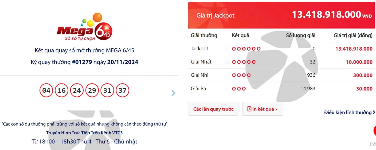 Kết quả quay số mở thưởng MEGA 6/45 Kỳ quay thưởng #01279 ngày 20/11/2024
