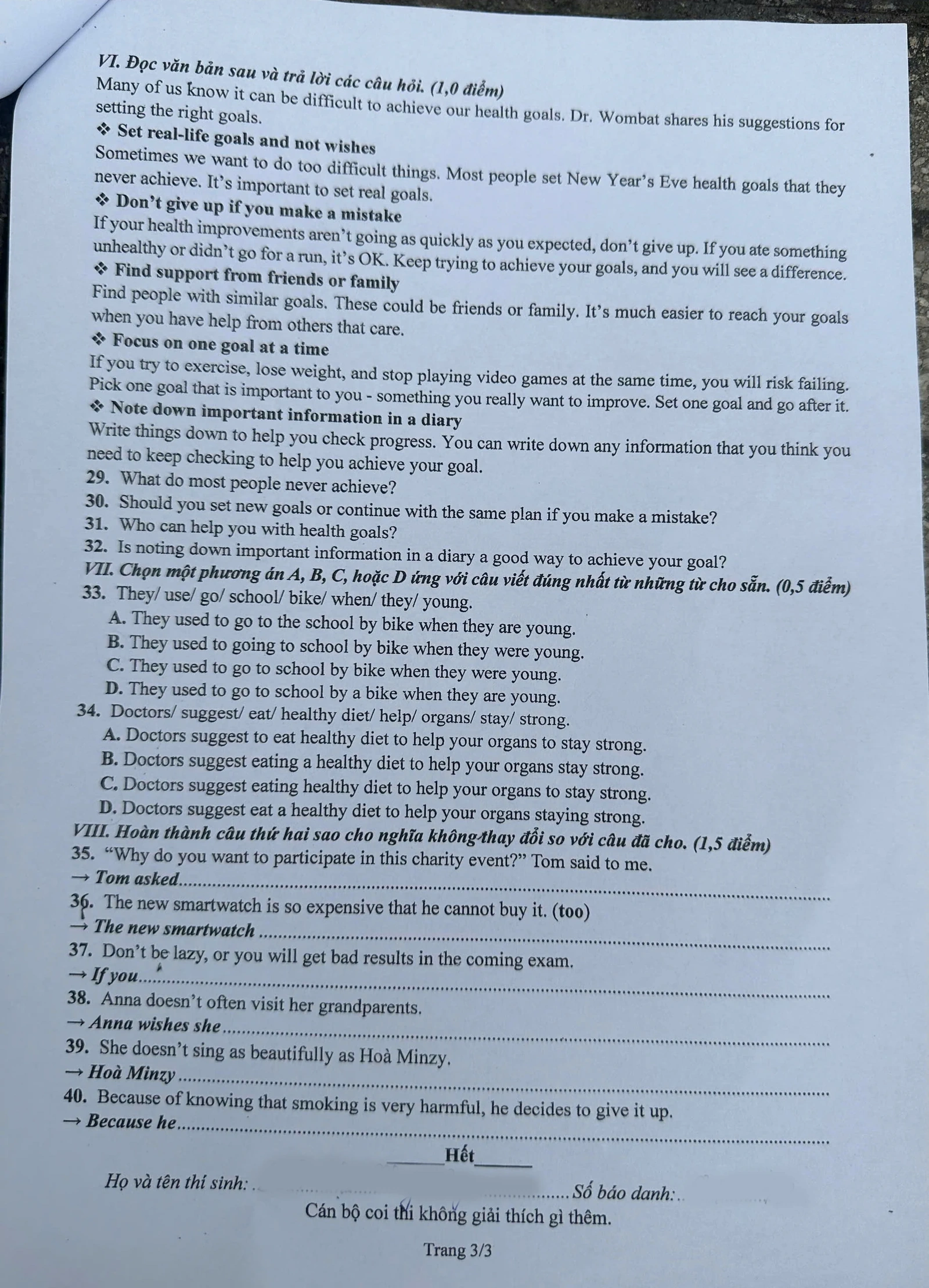 Gợi ý đáp án môn Tiếng Anh vào lớp 10 THPT