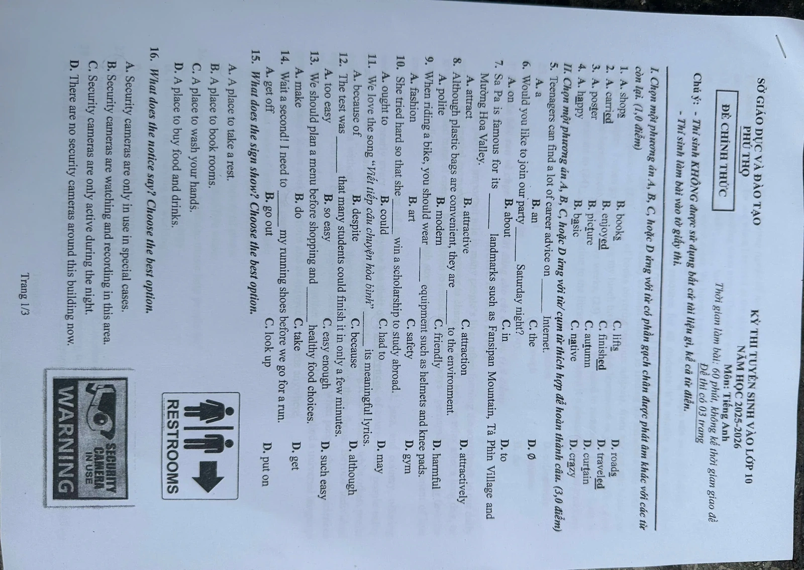 Gợi ý đáp án môn Tiếng Anh vào lớp 10 THPT