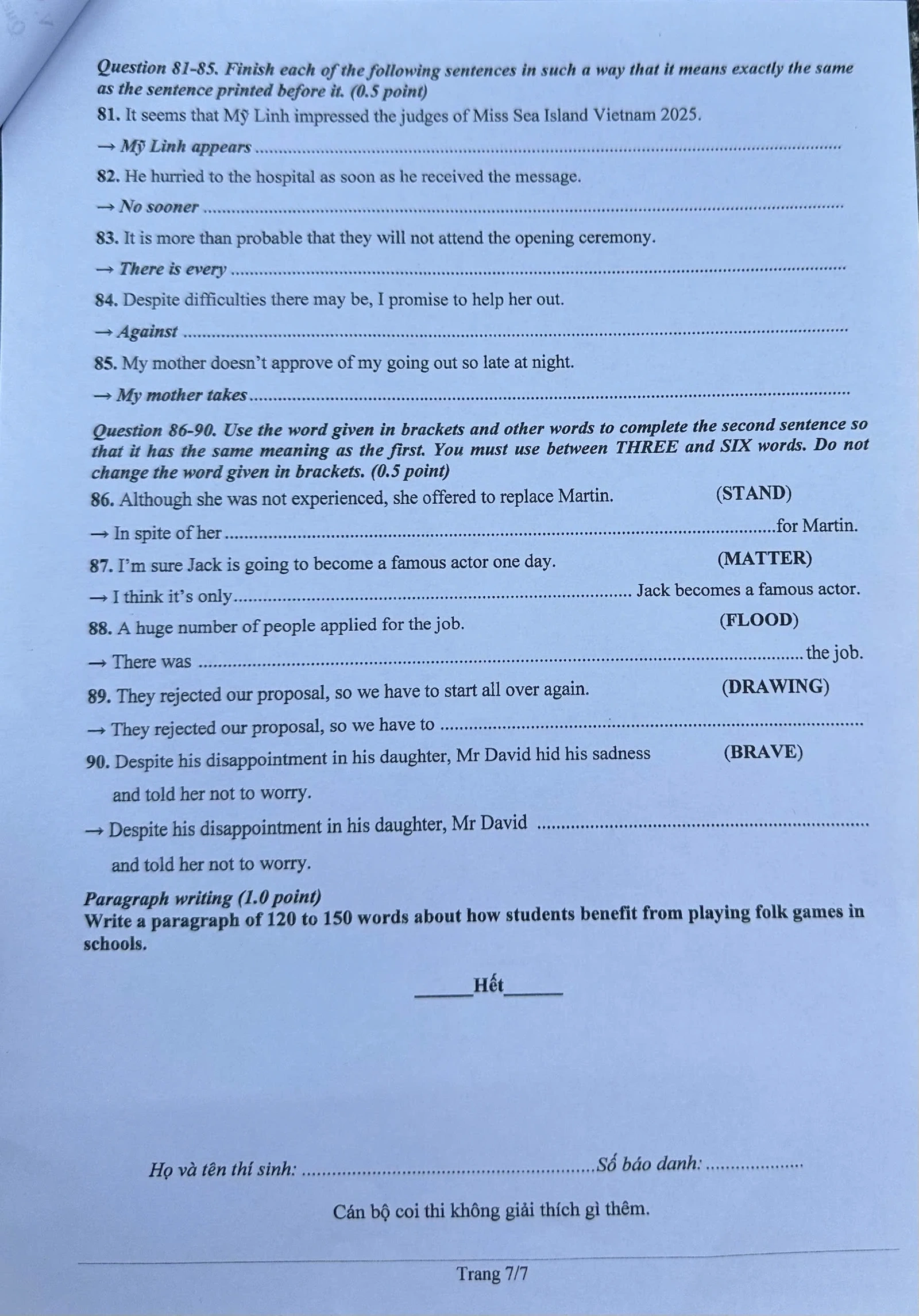 Gợi ý đáp án môn Tiếng Anh (chuyên Anh) vào lớp 10 Trường THPT Chuyên Hùng Vương