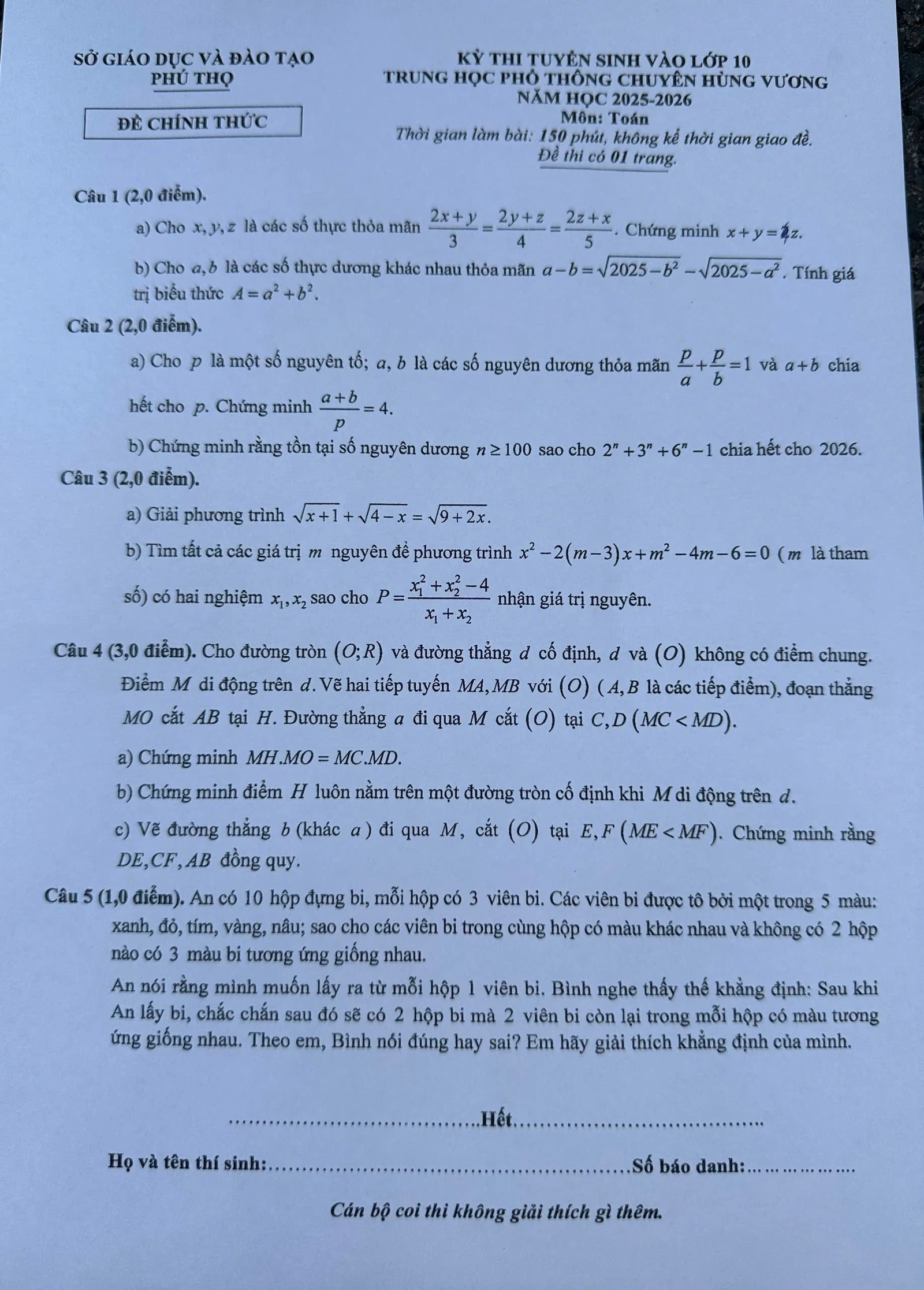 Gợi ý đáp án môn Toán (chuyên Toán) vào lớp 10 Trường THPT Chuyên Hùng Vương