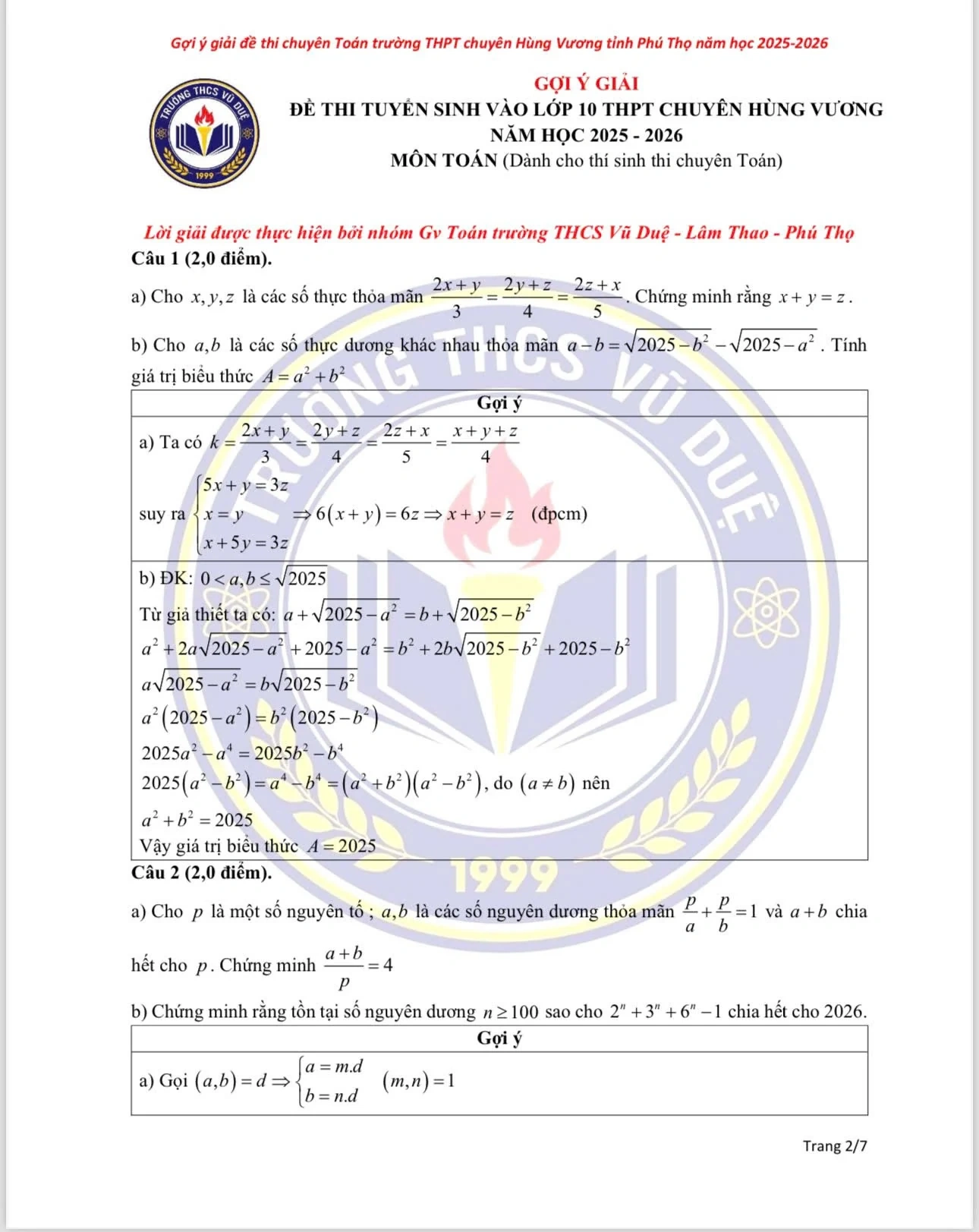 Gợi ý đáp án môn Toán (chuyên Toán) vào lớp 10 Trường THPT Chuyên Hùng Vương