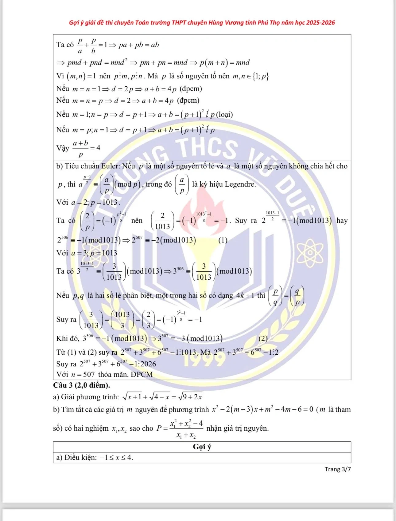 Gợi ý đáp án môn Toán (chuyên Toán) vào lớp 10 Trường THPT Chuyên Hùng Vương