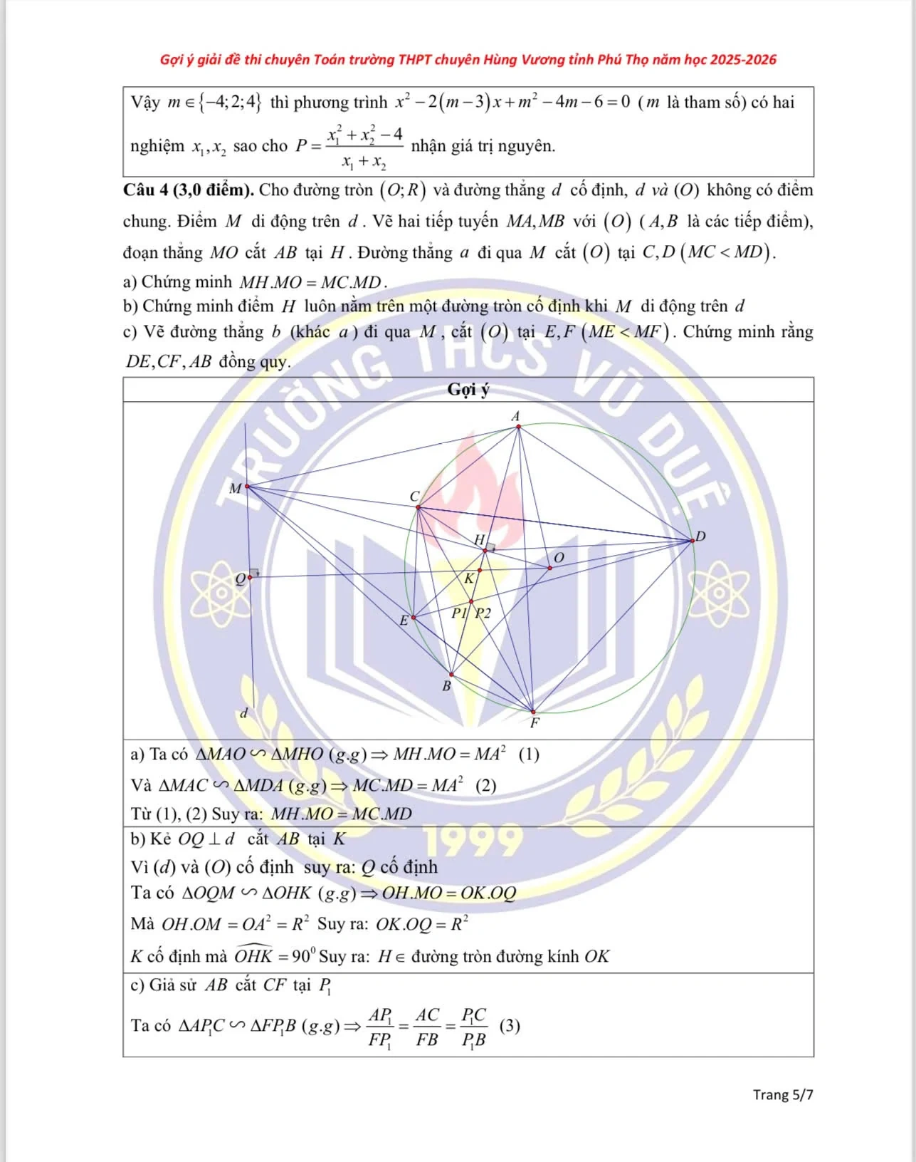 Gợi ý đáp án môn Toán (chuyên Toán) vào lớp 10 Trường THPT Chuyên Hùng Vương