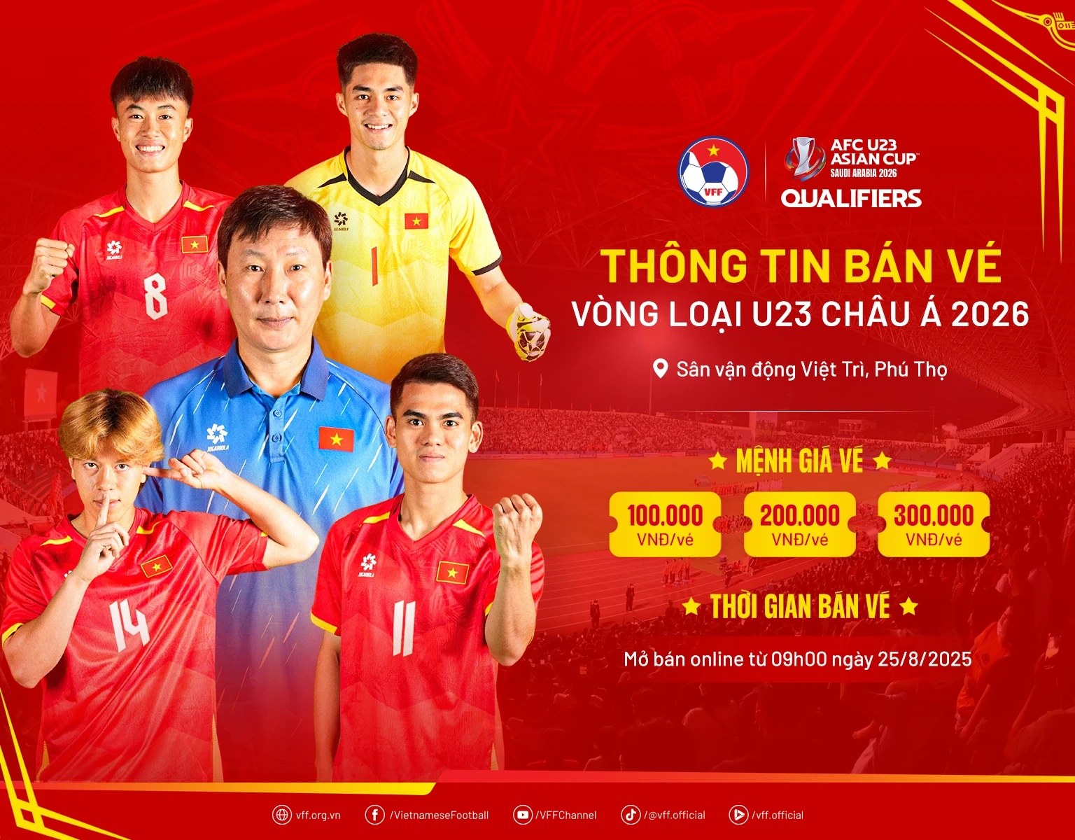 Mở bán vé trực tuyến xem Đội tuyển U23 Việt Nam thi đấu Giải Bóng đá U23 châu Á 2026 tại Phú Thọ
