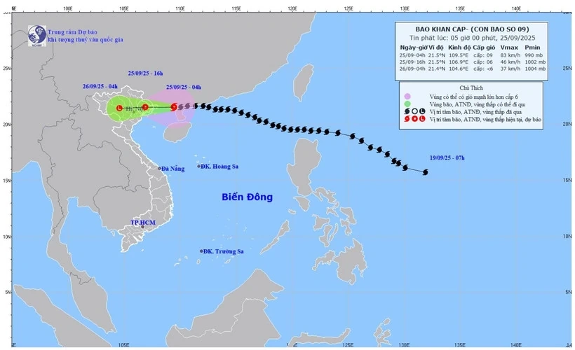 Bão số 9 (Ragasa) giật cấp 11, cách Móng Cái (Quảng Ninh) khoảng 170km
