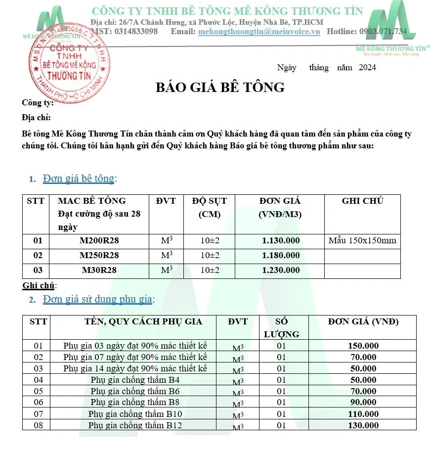 Bảng giá bê tông tươi mới nhất 2025 tại Mê Kông Thương Tín