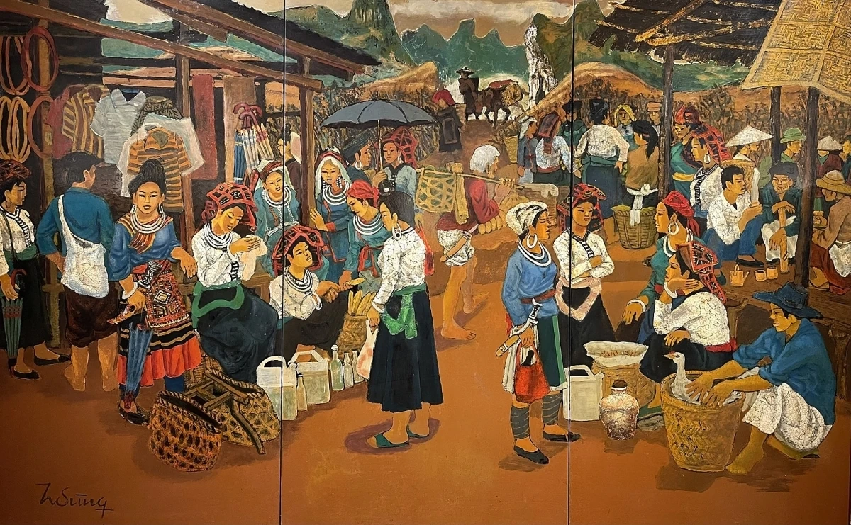 Chợ quê trong tranh họa sĩ Hoàng Sùng