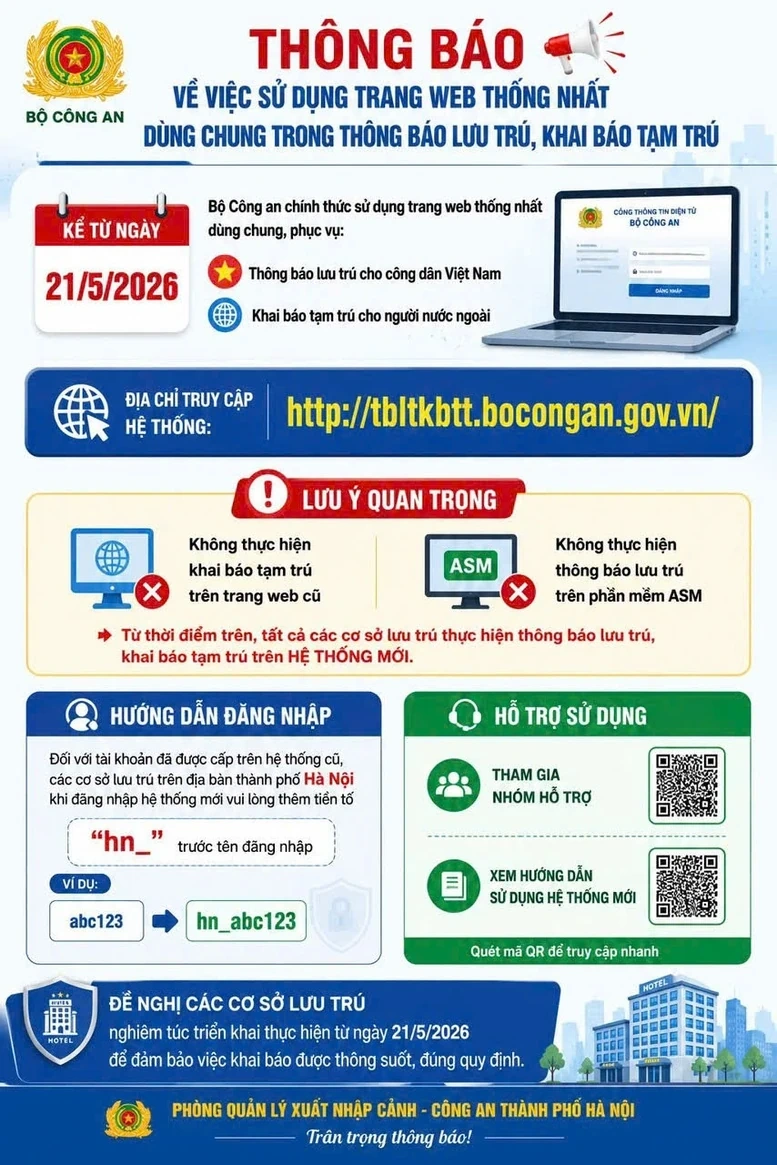Từ 21/5, khai báo lưu trú, tạm trú cho người Việt Nam và người nước ngoài trên một trang web chung