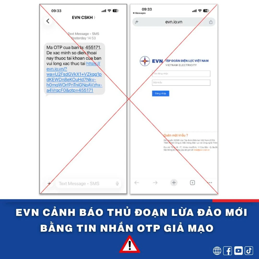 EVN cảnh báo thủ đoạn lừa đảo mới bằng tin nhắn OTP giả mạo