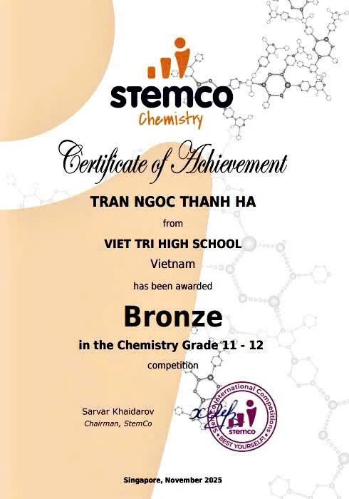 Học sinh Trường THPT Việt Trì giành Huy chương tại Kỳ thi Olympic Hóa học quốc tế