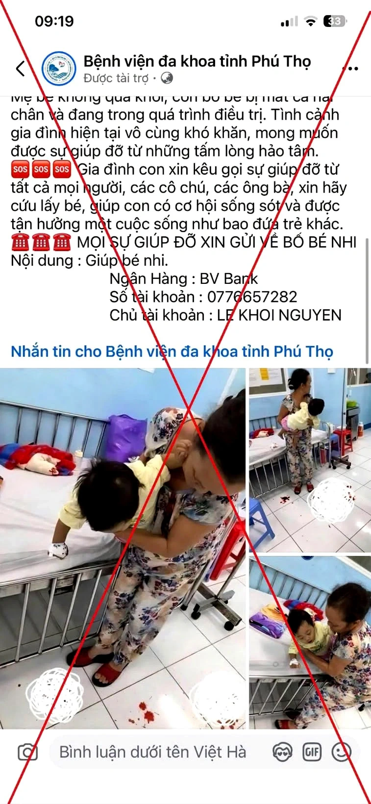 Cảnh báo lừa đảo giả mạo fanpage Bệnh viện Đa khoa tỉnh Phú Thọ để kêu gọi từ thiện