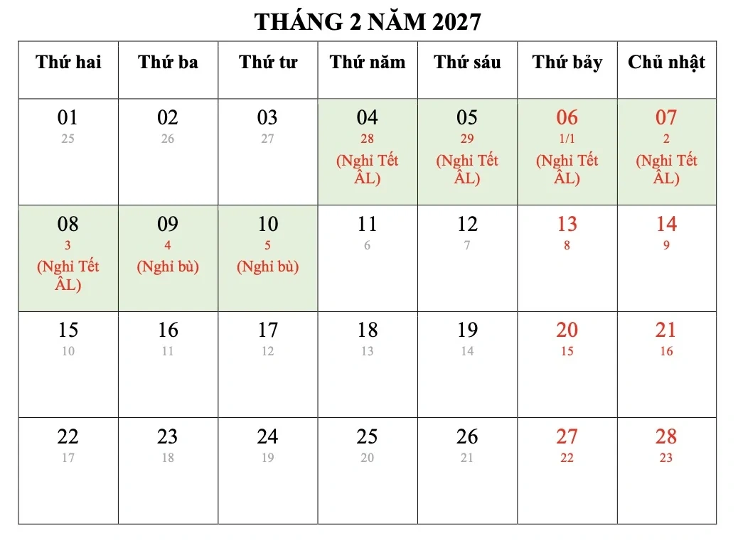 Đề xuất phương án nghỉ Tết Nguyên đán Đinh Mùi, nghỉ lễ Quốc khánh 2027