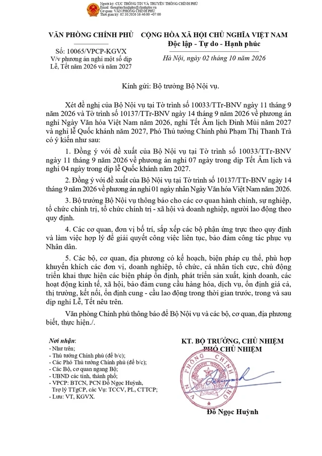 Lịch nghỉ Tết nguyên đán Đinh Mùi, nghỉ lễ Quốc khánh 2027