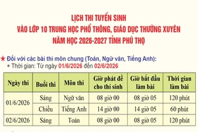 Lịch thi tuyển sinh vào lớp 10 THPT, giáo dục thường xuyên năm học 2026-2027 tỉnh Phú Thọ