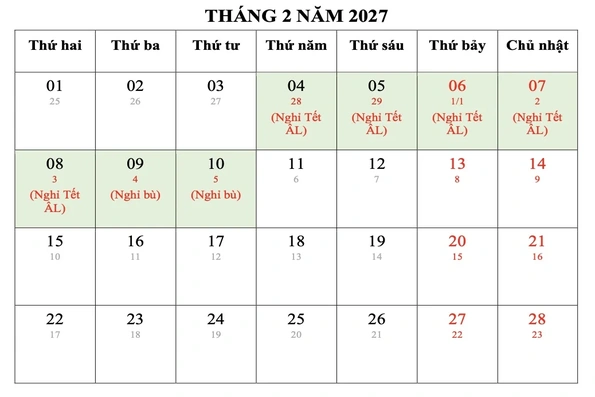 Đề xuất phương án nghỉ Tết Nguyên đán Đinh Mùi, nghỉ lễ Quốc khánh 2027