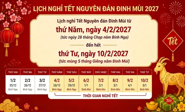 Lịch nghỉ Tết nguyên đán Đinh Mùi, nghỉ lễ Quốc khánh 2027